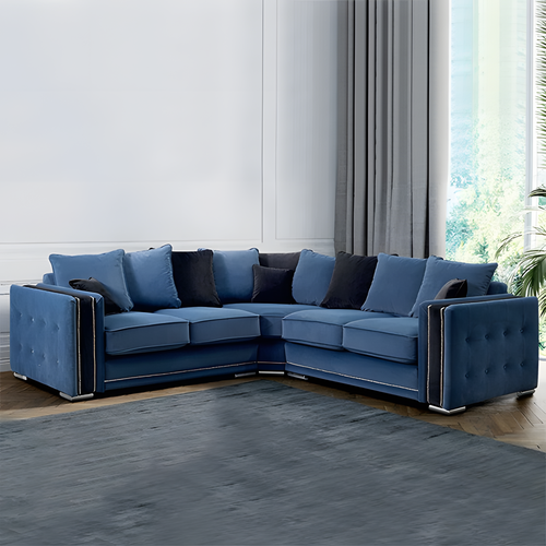Finchley Blue & Black Velvet Corner Sofa | L-Shaped, Plush Cushions, Modern Seating