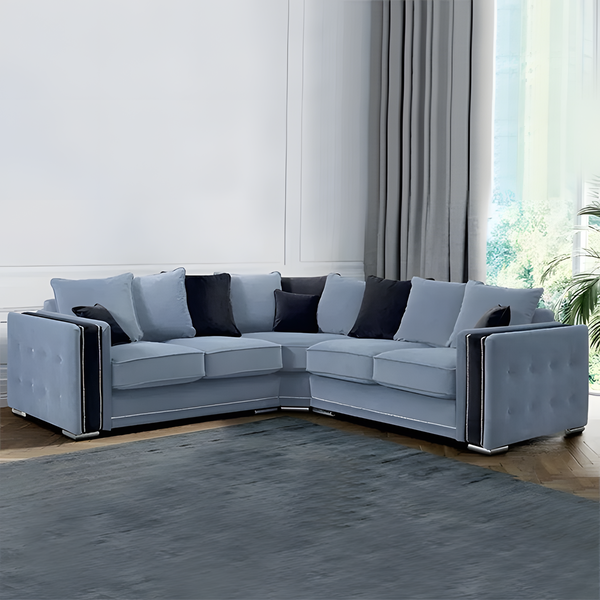 Finchley Blue & Black Velvet Corner Sofa | L-Shaped, Plush Cushions, Modern Seating