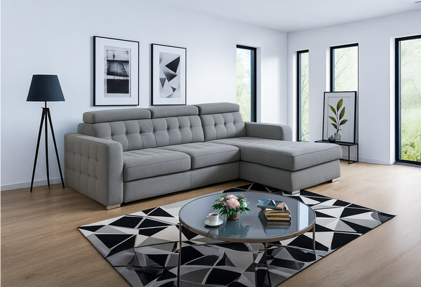 LYON L-Shape Sofa Bed with Adjustable Headrests – Modern Sleeper in Blue, Brown, or Grey