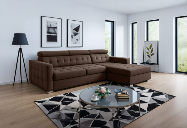 LYON L-Shape Sofa Bed with Adjustable Headrests – Modern Sleeper in Blue, Brown, or Grey