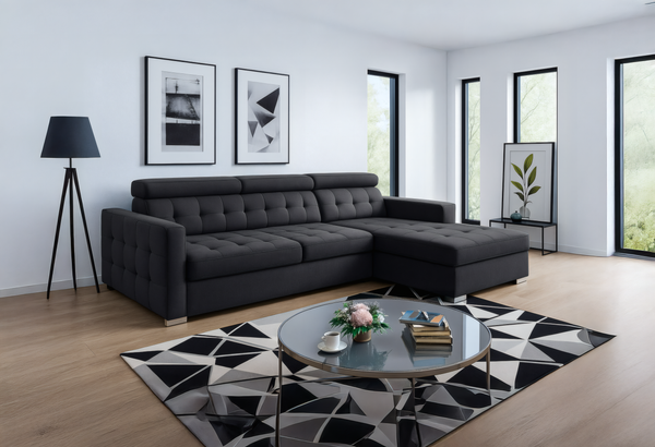LYON L-Shape Sofa Bed with Adjustable Headrests – Modern Sleeper in Blue, Brown, or Grey