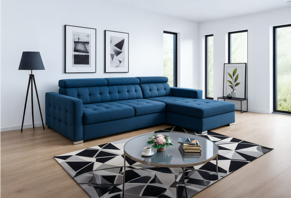 LYON L-Shape Sofa Bed with Adjustable Headrests – Modern Sleeper in Blue, Brown, or Grey