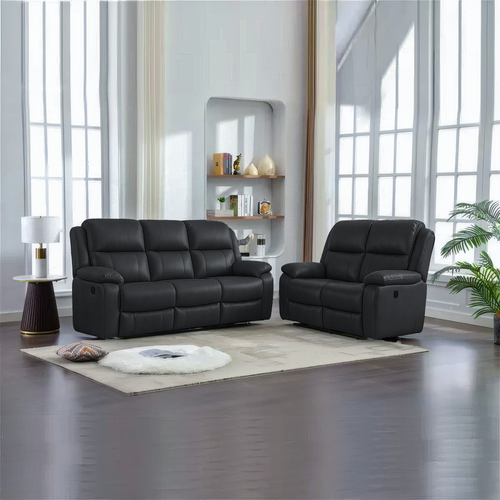 Modern Chicago PU Recliner 3+2 Sofa Set in Black & Grey with Cup Holders and Easy To Clean