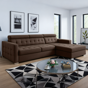 LYON L-Shape Sofa Bed with Adjustable Headrests – Modern Sleeper in Blue, Brown, or Grey