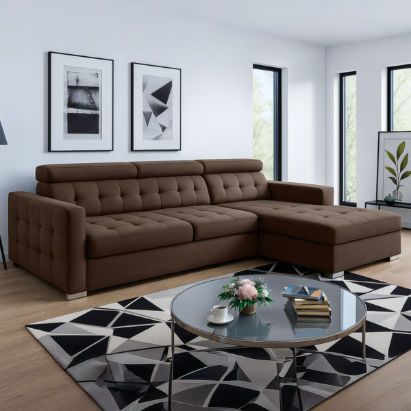 LYON L-Shape Sofa Bed with Adjustable Headrests – Modern Sleeper in Blue, Brown, or Grey