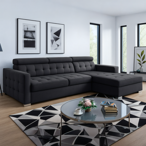 LYON L-Shape Sofa Bed with Adjustable Headrests – Modern Sleeper in Blue, Brown, or Grey