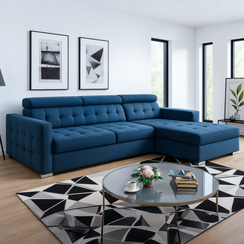 LYON L-Shape Sofa Bed with Adjustable Headrests – Modern Sleeper in Blue, Brown, or Grey